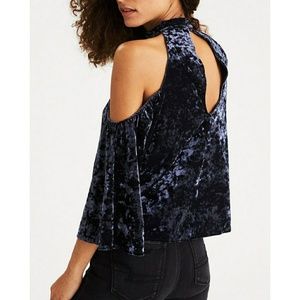NWOT American eagle blue velelvet cold sholder top